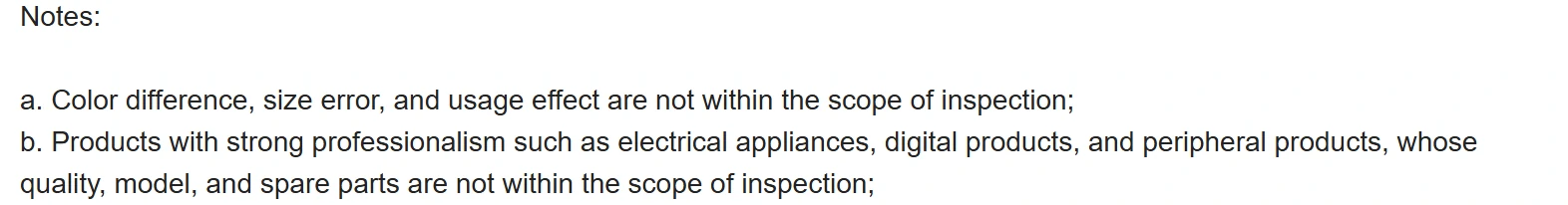 Screenshot of notes a and b from 100buy’s Inspection Information page, listing what the inspection does not cover