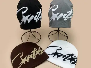 Black, grey and brown knit hats with contrasting knitted lettering